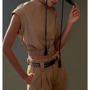 Anthropologie Short-Sleeve Beige Nylon Drawstring Popover Top Size S